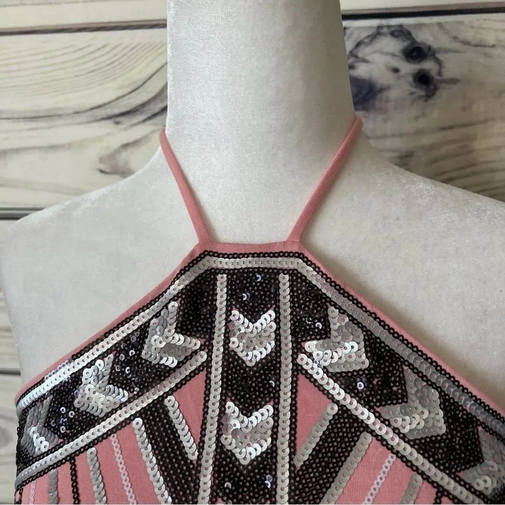 Express Pink Sequin Patterned Halter Bodysuit - Picture 3 of 10